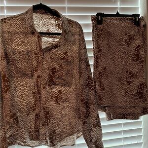 Brown and White Patterned Blouse and Skirt Set